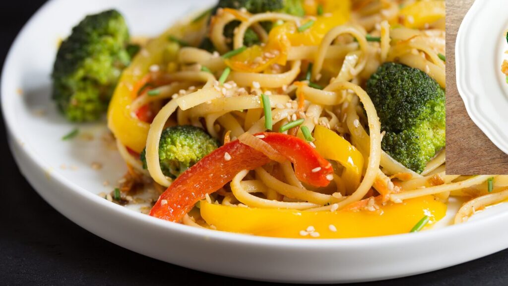 Plate of chicken vegetable stir fry recipe.