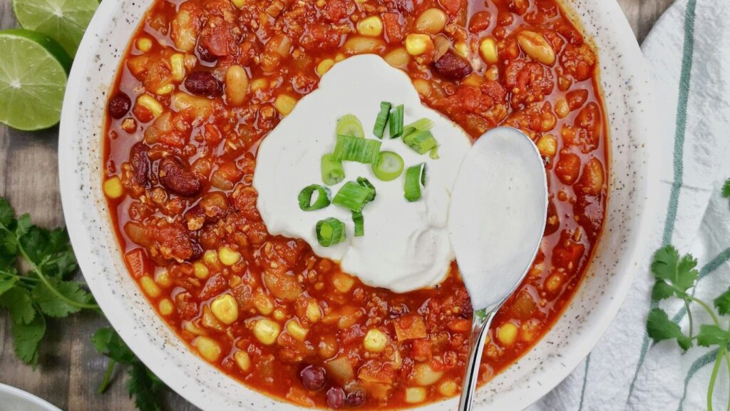 white bowl containing homemade vegetable chili
